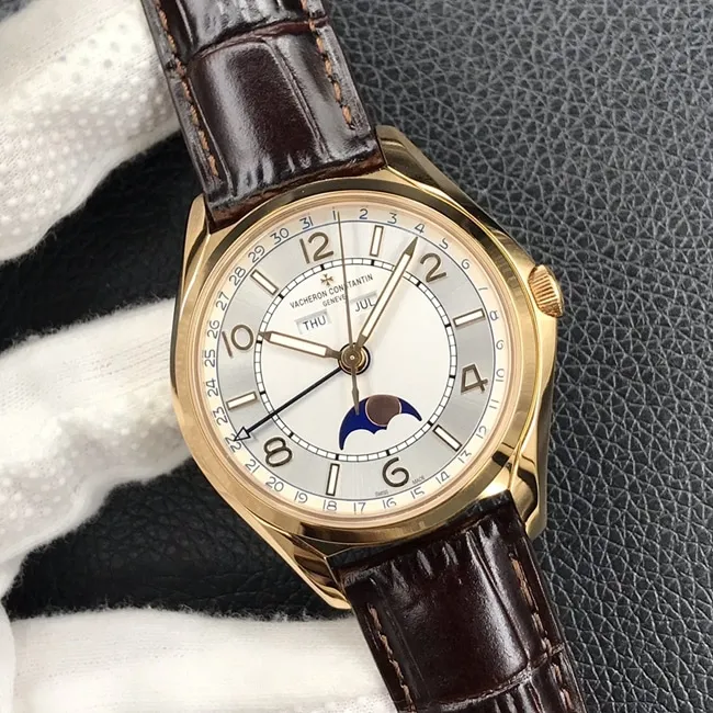 ZF Factorytop-tier watch Vacheron Constantin men's white dial brown belt Wu Luzhi type series full date display moon phase watch front view