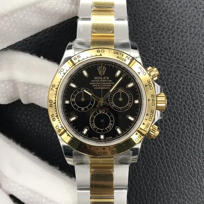 Top-tier watch Rolex universe chronograph Daytona men's black dial gold band automatic movement watch side view