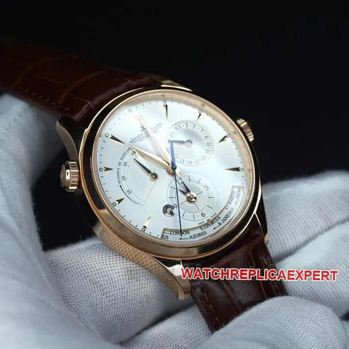 zf factory Jaeger-LeCoultretop-tier watch geography master world time men's white dial brown belt multifunctional automatic movementleather strap watch front view