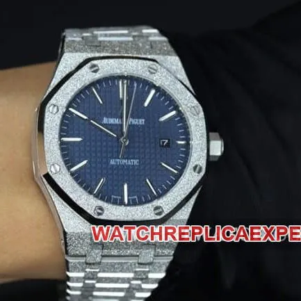 Audemars Piguet watch men's blue dial steel strap Royal Oak Series automatic mechanical front view