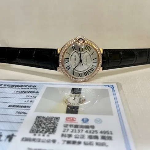 top-tier watch Cartier men's white dial black belt 18Krose gold South African real diamond leather strap mechanical watch front view