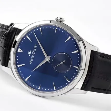 ZF Factory Jaeger-LeCoultre Top High-Quality Watch Men's Blue Dial Blue Strap Quartz Master Series Ultra-Thin Small Seconds Leather Strap Watch Side View