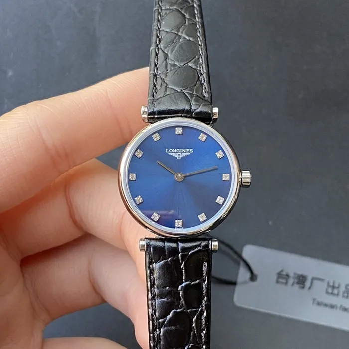 top-tier watch Longines couple watch blue dial black belt Jialan series leather strapquartz watch front view