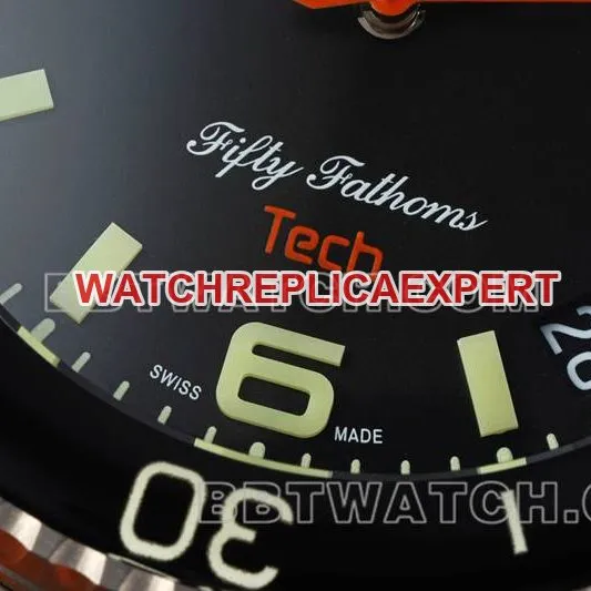 Blancpain collectible watch fifty fathoms black dial titanium mechanical orange rubber model front live photo