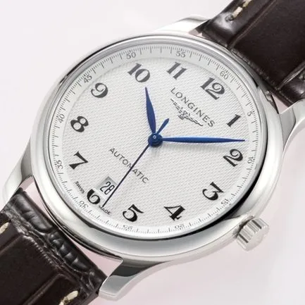 top-tier replicaLongines men's white dial brown belt new famous series leather strap mechanical watch side view