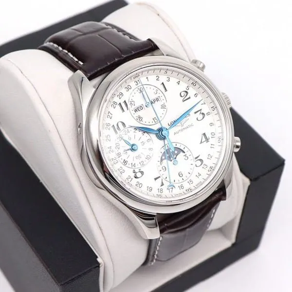 GL factory Longines high-quality watch famous eight-pin moon phase7751white dialleather strap model clasp picture