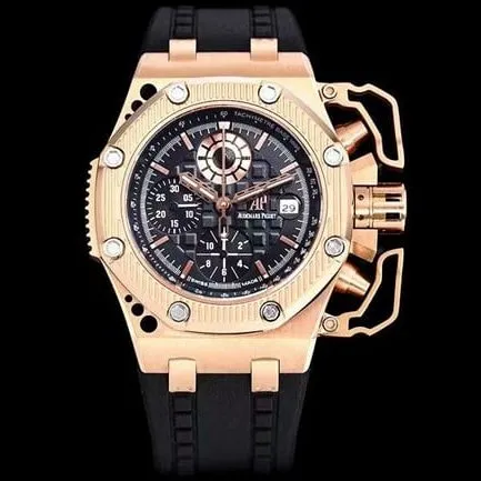 top-tier watch Audemars Piguet44mm men's black dial rubber strapRoyal Oak offshore mechanical watch front view