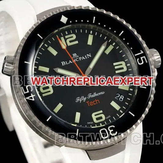 Blancpain collectible watch fifty fathoms black dial titanium mechanical white rubber model front live photo
