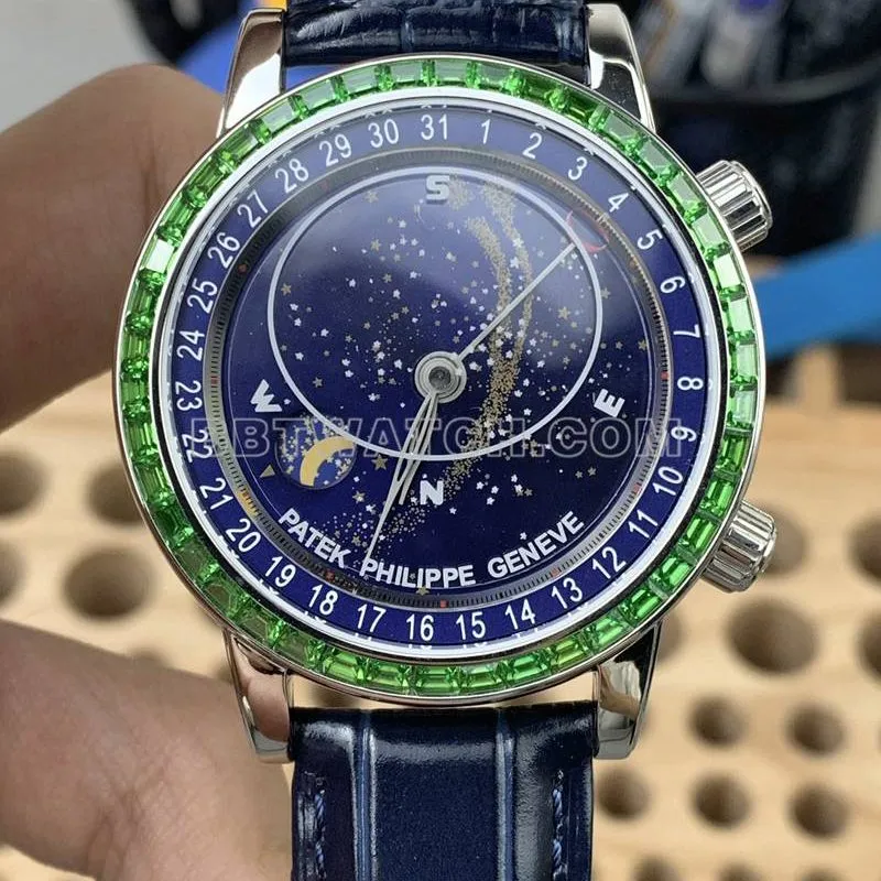 Patek Philippe1:1replica watch 3K Factory super complication timepiece blue dial green diamond bezelleather strap model side live photo