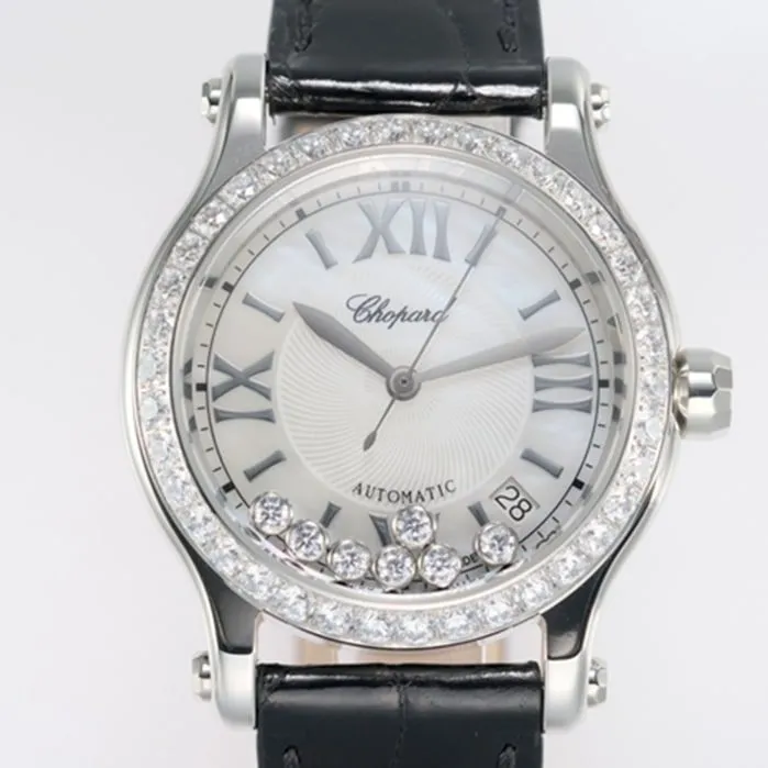 top-tier watch Chopard women's white dial black belt Happy Diamonds series watch front view