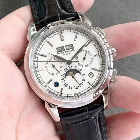 top-tier watch Patek Philippe men's white dial black belt super complex function chronograph series leather strap watch front view
