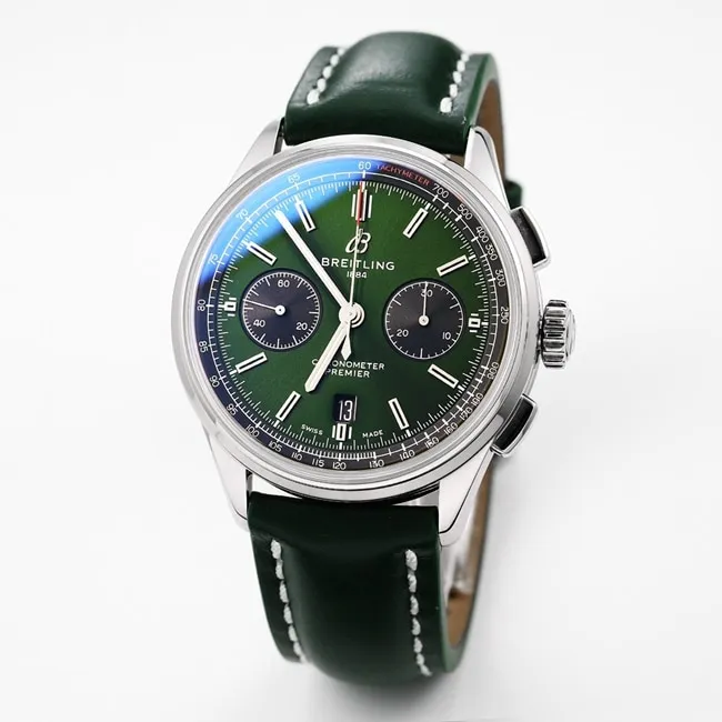 GF Factory new Breitlingtop-tier watch men's green dial green strap v2 upgraded version automatic movementleather strap watch front view
