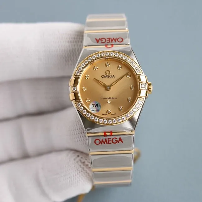 Omegatop-tiertop-tier ladies gold disc steel braceletquartz constellation series watch front view