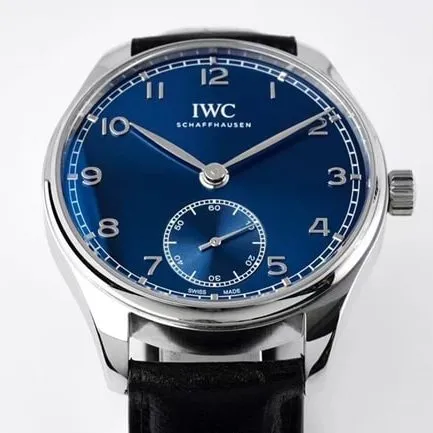 ZF Factorytop-tier replicaIWChigh-quality watch men's blue dial black belt Portuguese series automatic movementleather strap watch front view