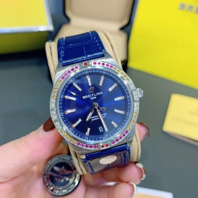 Breitlingtop-tier replicahigh-quality ladies blue dial blue belt automaticchronograph South China Sea capsule series leather strap watch front view