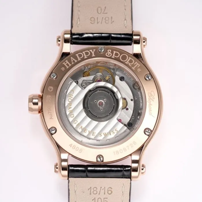 top-tier watch Chopard women's gold plate black belt happy diamond series leather strap watch front view