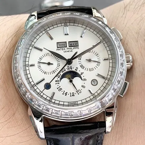 Patek Philippetop-tier watch complex function chronograph series men's white dialleather strap watch front view