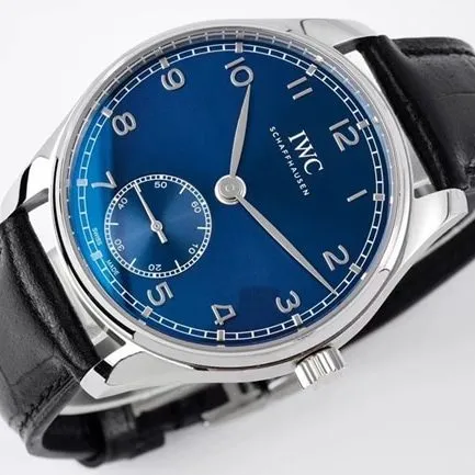ZF Factorytop-tier replicaIWChigh-quality watch men's blue dial black belt Portuguese series automatic movementleather strap watch front view