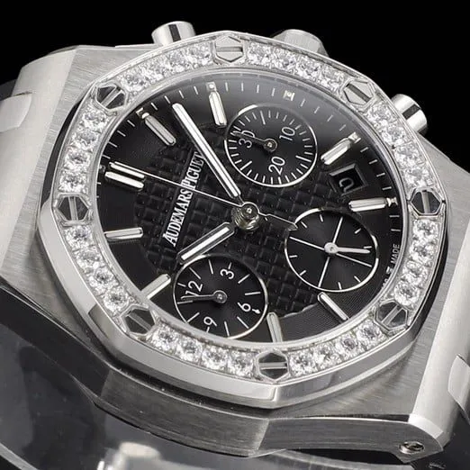 top-tier watch Audemars PiguetAudemars Piguet Royal Oak women's multifunctional chronograph black dial mechanical watch front view