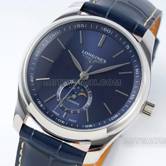 APS factory Longines watchmaking tradition super cloneblue dialmoon phaseleather strap model L2.909.4.92.0front live photo