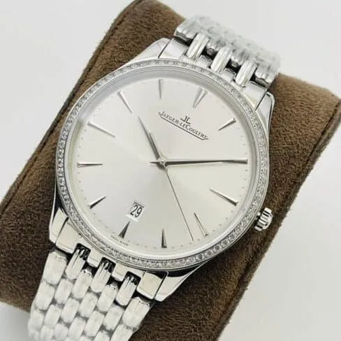 top-tier watch Jaeger-LeCoultre ultra-thin master series white steel white bottom men's watch front view