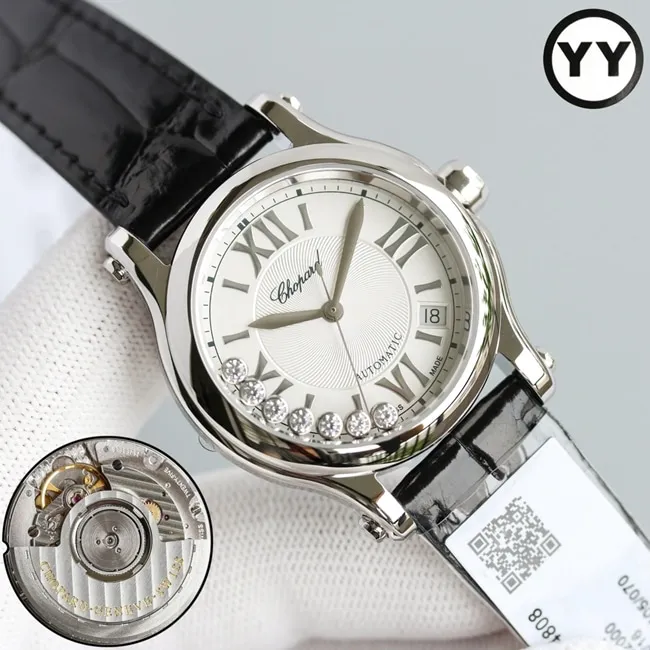 top-tier watch Chopard women's white dial black belt happy diamond HAPPY DIAMONDS series leather strap mechanical watch movement picture