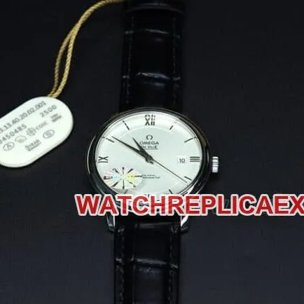 MKS Factorytop-tier replicaOmega De Ville series classic business casual men's white dialblack dial fully automatic movementleather strap watch front view