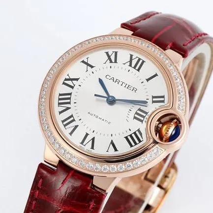 V6 factory top-tier watch Cartier automatic movement blue balloon series 33mm women's white dialleather strap watch front view