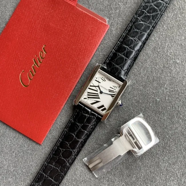 K11 factory top-tier watch Cartier women's white dial black belt tank series leather strap watch front view