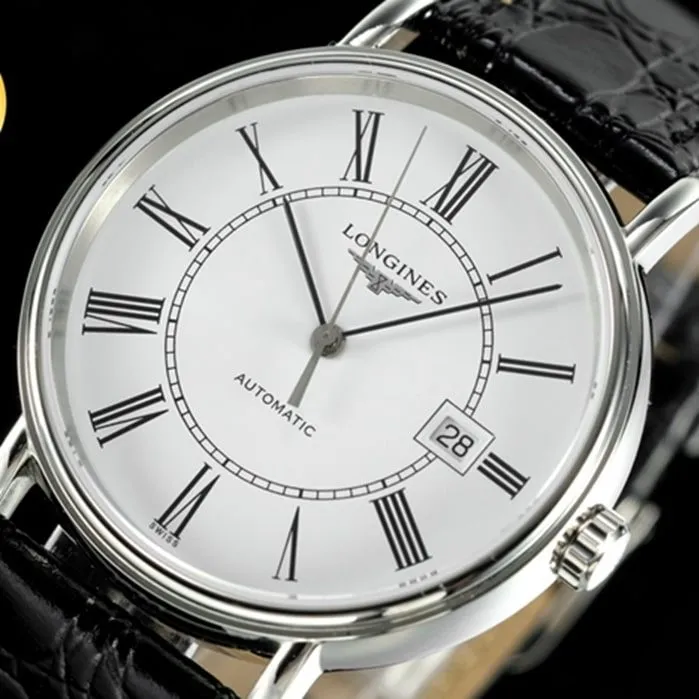 Top-tier watch Longines men's white dial black belt Rosewood series 40mm mechanical leather strap watch front view