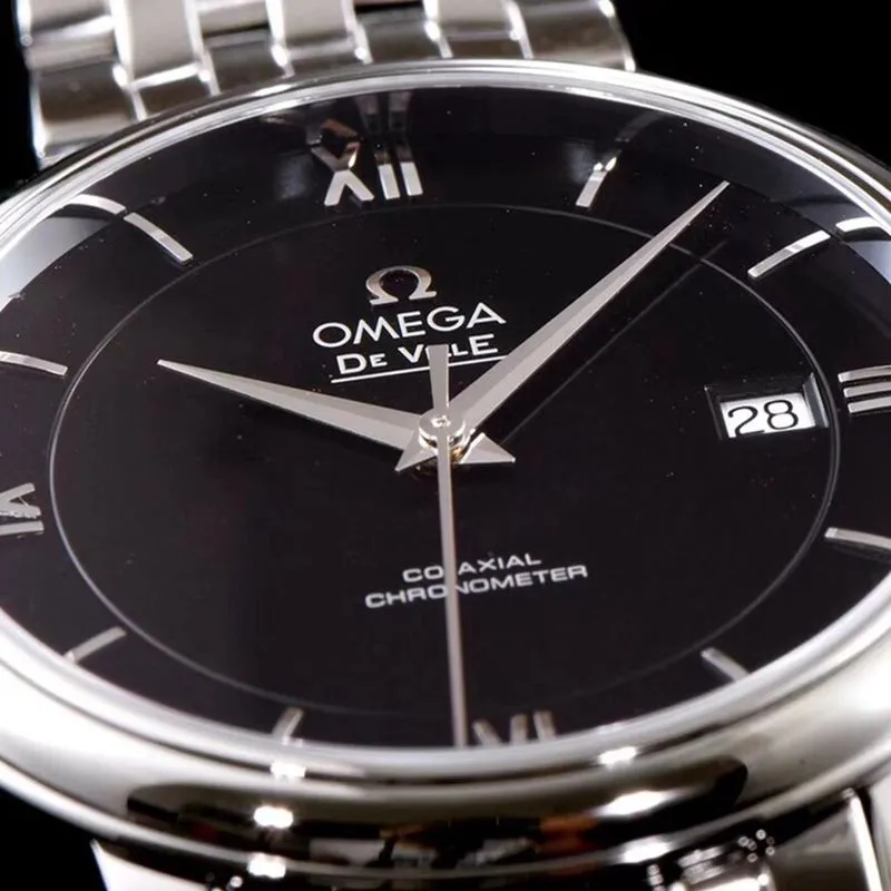 Omegatop-tiersuper watch De Ville series men's mechanical ultra-thin watch white steel black face front view