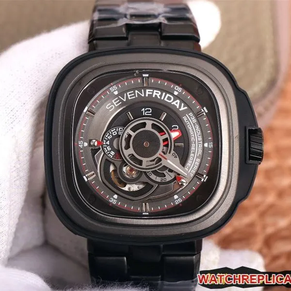 Seven day display five watch all black super cool hollow SEVENFRIDAY/automatic movement fashion men's watch Swiss steel bracelet large dial front view