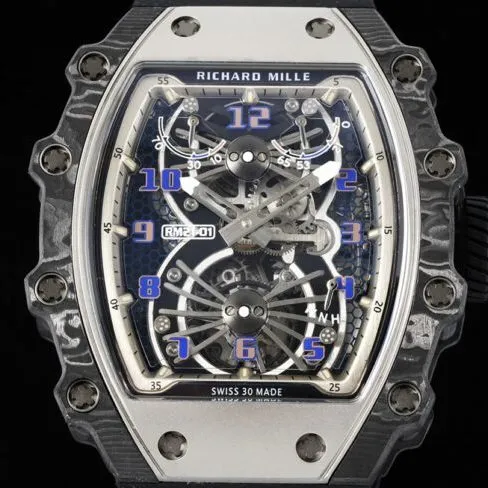 Large factory fine imitation Richard Mille black steel RM 21-01 aerodynamic tourbillon watch light wear carbon fiber and 5N red gold material front view