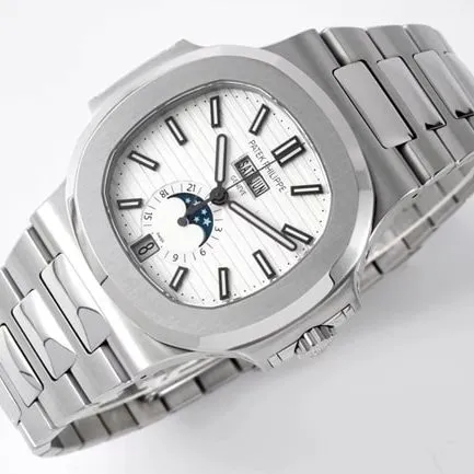 PPF Factorytop-tier watch Patek PhilippeNautilus series annual calendar men's white dialsteel braceletautomatic movement watch front view