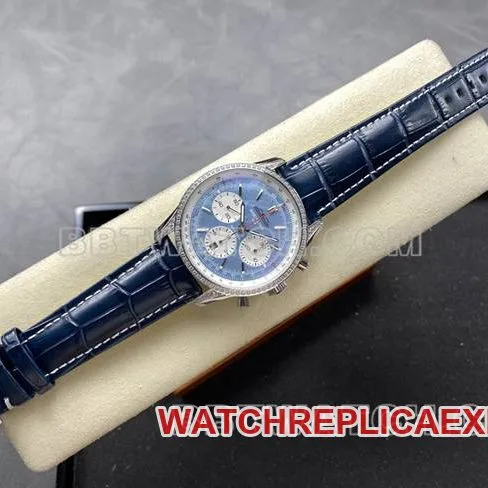 watch BLS factory Breitling aviation chronograph diamond light blue dialleather strap model front live photo