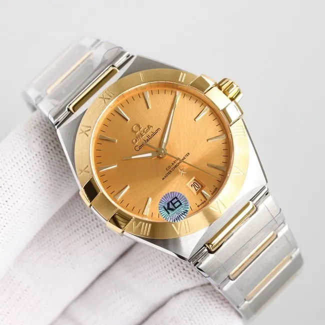Top Omega 5th Generation Constellation Series Gold Plate Gold Silver Steel Strap Men's Earth Watch Side View