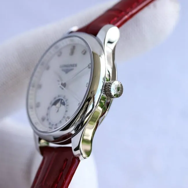 Longinestop-tier watch ladies white dial red strap famous craftsman series fully automatic movementleather strap front view