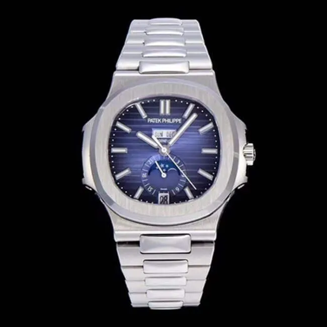 top-tier watch Patek Philippe men's blue dialsteel braceletNautilus annual calendar bowl watch 5726 series watch front view