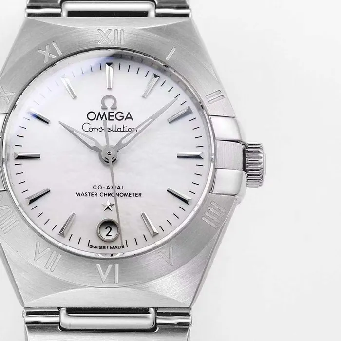 Top collectible watches Omega Women's White Plate Constellation Steel Strap Watch Front View