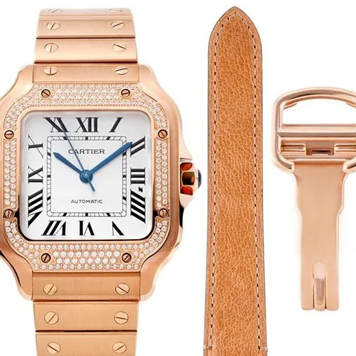 Cartiertop-tiersuper watch Santos series women's steel braceletwhite dialdiamondrose gold watch detail shots