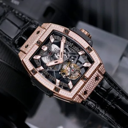 Hublottop-tier watch men's black dial black belt MASTERPIECE series tourbillon mechanical leather strap watch front view