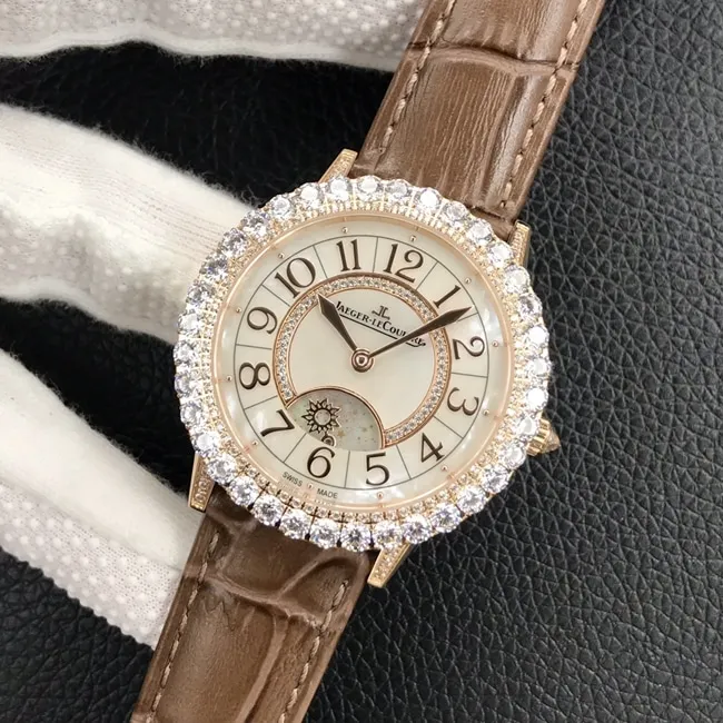 GF Factorytop-tier watch Jaeger-LeCoultre women's white dial brown belt dating series mechanical leather strap watch front view
