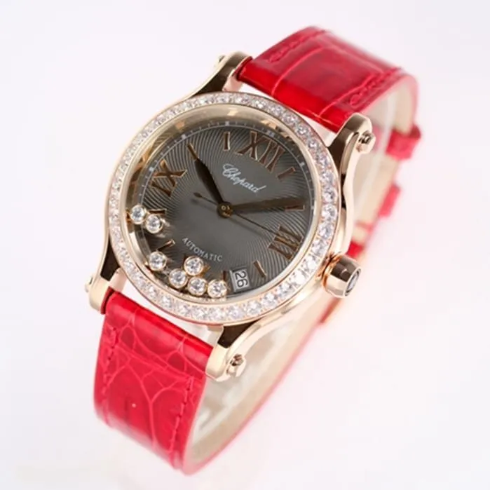 top-tier watch Chopard women's black dial red band happy diamond HAPPY DIAMONDS series mechanical watch clasp picture