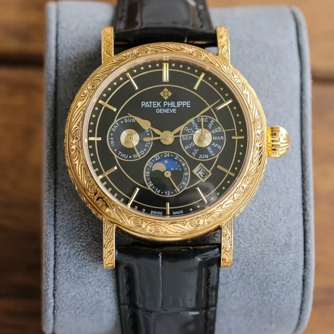 top-tier replicaPatek Philippehigh-quality watch men's black dial black belt pure hand-engraved 42mm mechanical leather strap watch front view