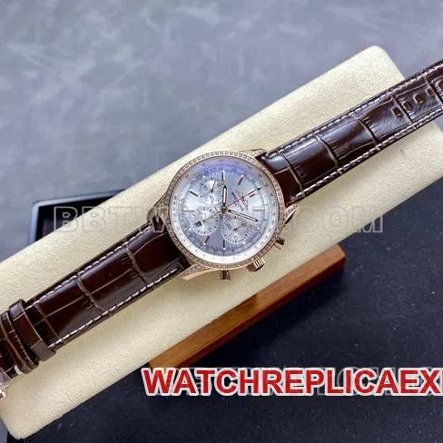 collectible watch BLS factory silver white dialBreitling aviation chronographrose gold diamond leather strap model front live photo