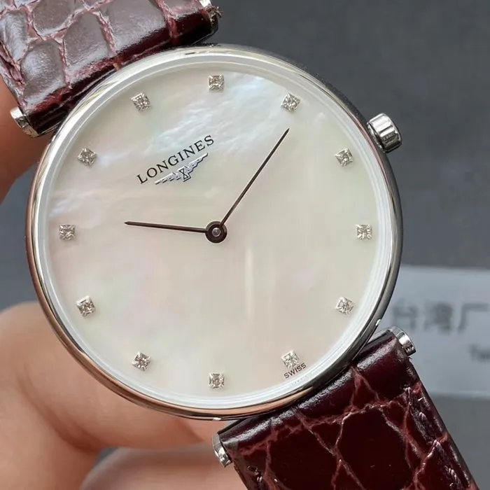 top-tier watch Longines couple watch white dial brown belt Jialan series leather strap watch front view