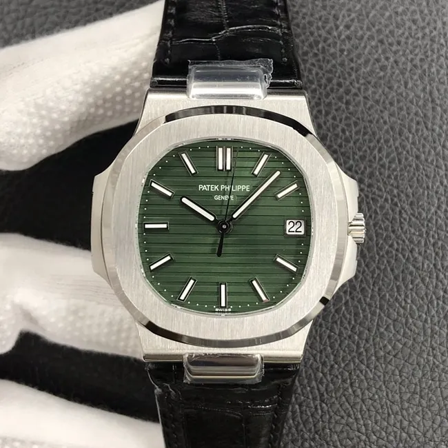 3k factory top-tier watch Patek Philippe men's green dial black belt Nautilus series leather strap watch front view