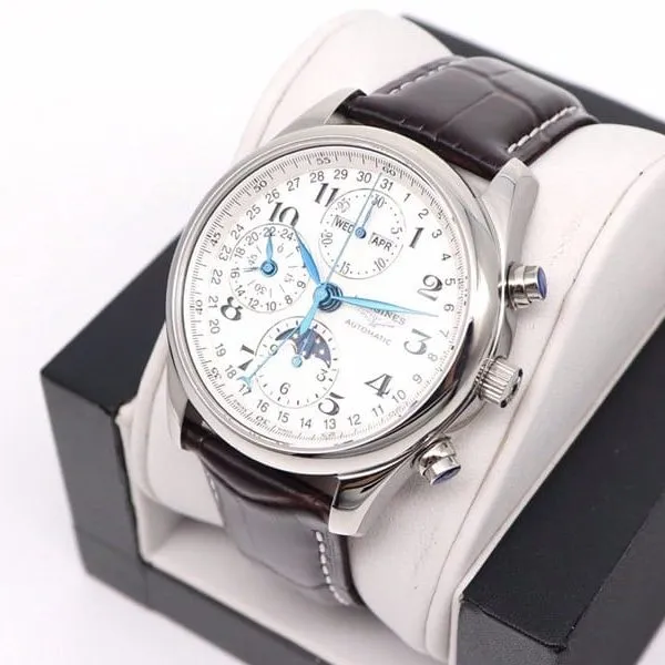 GL factory Longines high-quality watch famous eight-pin moon phase7751white dialleather strap front view