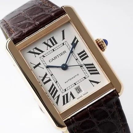 AF Factorytop-tier replicaCartier men's white dial brown belt tank series mechanical watch front view