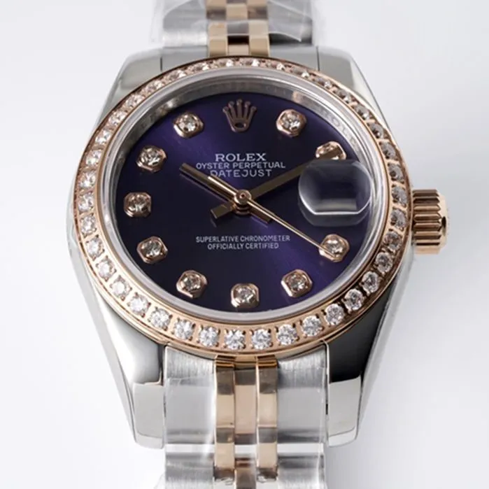 top-tier watch Rolex women's blue dial Date just steel bracelet watch front view